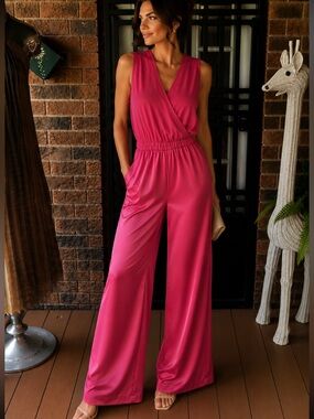 Next Sleeveless V-Neck pink wide leg jumpsuit